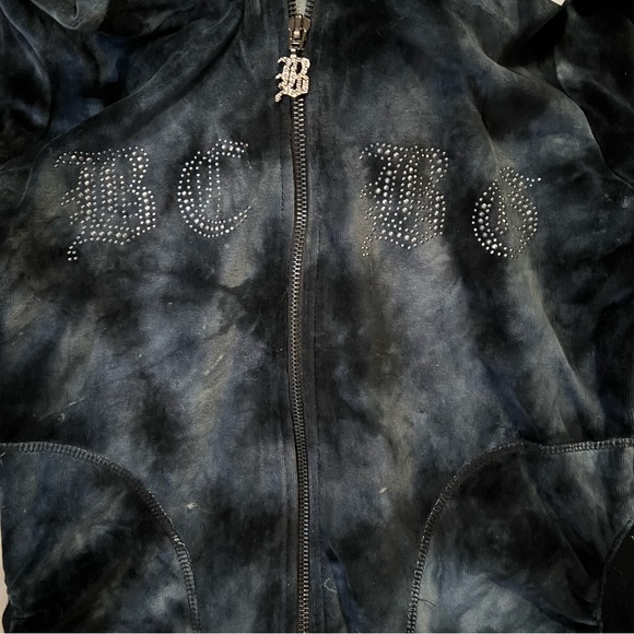 NWT BCBG S Y2K Velour Zip Up Rhinestone Graphic Fuzzy Hood Details Black/Blue - Picture 3 of 10